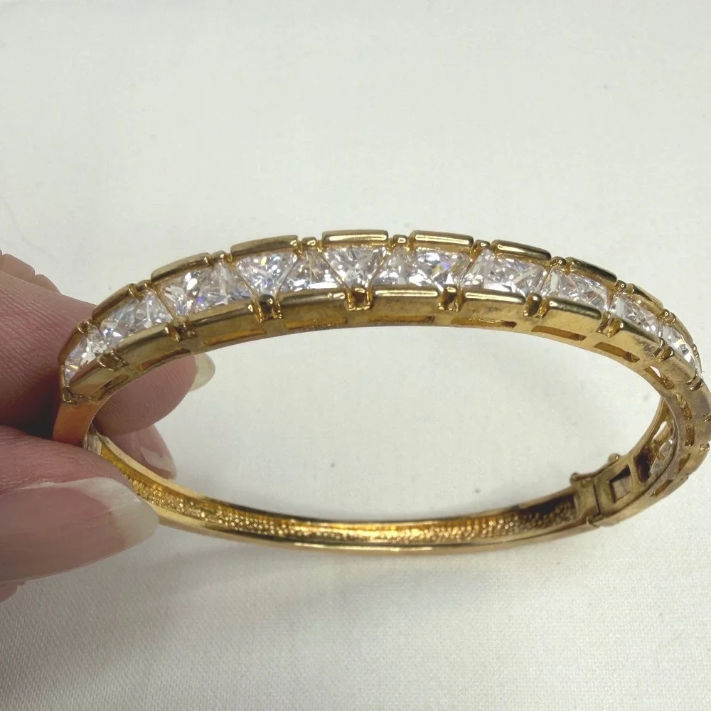 925 Sterling Silver Gold Tone Princess Cut CZ Hinged Bangle Bracelet